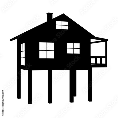 Silhouette of elevated stilt house with balcony, climate adaptive architecture