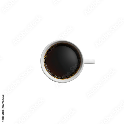 Top View of Black Coffee in White Mug on Transparent Background.