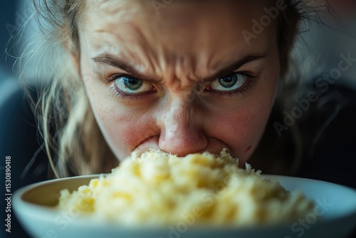 Close-up of tense man with curly hair gritting his teeth and squinting his eyes due to pain, anger, or stress, with a scowling expression