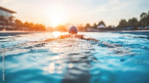Person swimming laps at sunset