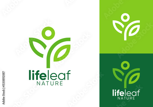 happy people with leaf nature logo vector design concept	
