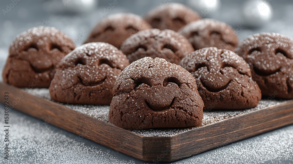 Fototapeta premium freshly baked chocolate cookies with smiling faces dusted with powdered sugar on a wooden tray.