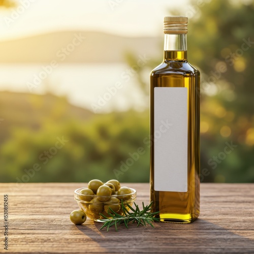 Olive oil bottle mockup with olives and rosemary outdoors