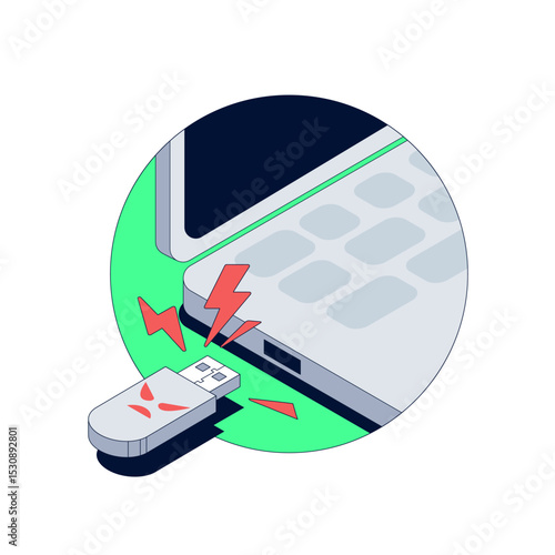 Malicious USB flash card device infects laptop with hidden malware. Unauthorized flash drive triggers cybersecurity threat. Dangerous hardware attack compromises system 