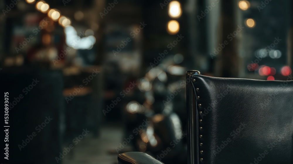 Fototapeta premium Generative AI, Barbershop leather chair with warm bokeh lights