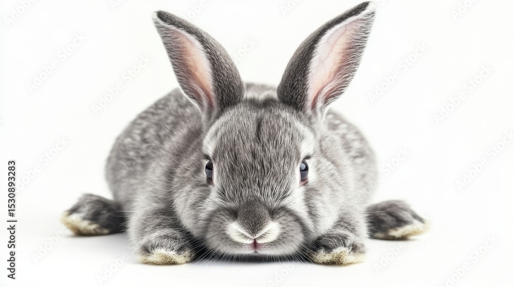 Obraz premium Calm gray rabbit resting on a soft white surface, showcasing exquisite fur details and a peaceful demeanor in a tranquil studio setting