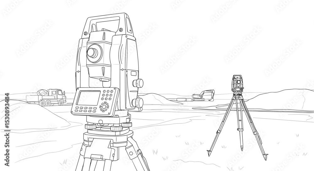 Fototapeta premium Theodolite Surveying Equipment on Tripod in Construction Site Landscape for Architecture Blogs, Engineering Websites, Surveying Education, and Technical Articles
