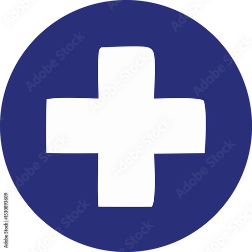 Simple white cross in a blue circle medical symbol graphic