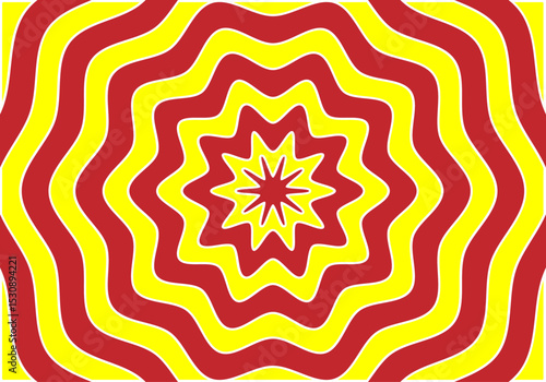 Fondo con flores simétricas hipnotizante en rojo y amarillo. Bandera de España con forma de estrella