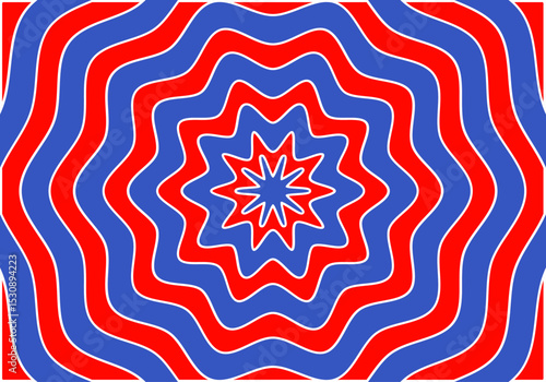 Fondo con flores simétricas hipnotizante en rojo, azul y blanco. 
