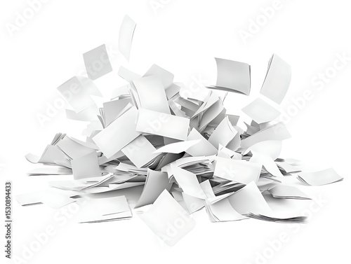 A pile of scattered white papers with printed text flying in the air, depicted on a clean white background in PNG format. 