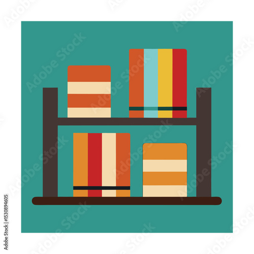 Colorful books arranged on a simple wooden bookshelf with turquoise background