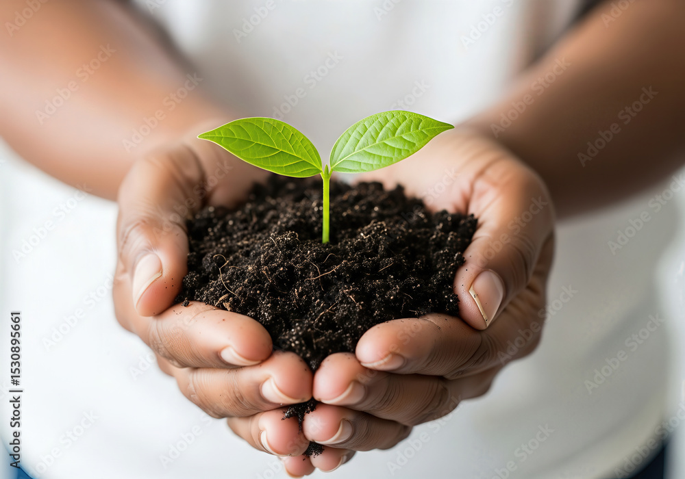 Hands holding soil with young green plant sprout symbolizing growth and sustainability Hands holding soil with young green plant sprout symbolizing growth and sustainability