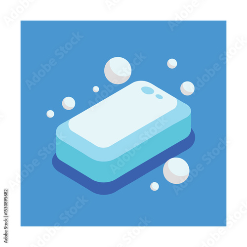 Isometric illustration of a bar of soap with bubbles on a vibrant blue background.