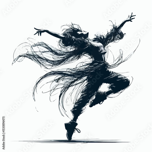 Dynamic dancer in mid-air expressing joy in expressive line art style

