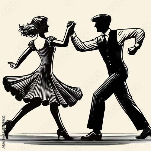 swing dance couple illustration, joyful expression, vintage style, dynamic movement