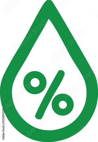 Green water drop icon with percentage symbol inside representing hydration level or discount