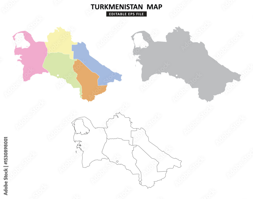 Turkmenistan map variations are colour coded by regions, solid grey silhouette and outlined with regional borders.
Turkmenistan map variations are colour coded by regions, solid grey silhouette and outlined with regional borders.