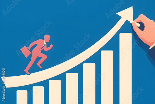 Business growth chart with running businessman and hand drawing arrow for financial success