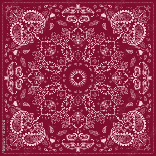 Red bandana Print. Red wine paisley bandana bandanna Scarf Face Head Wrap. pattern wines grapes cheese Grape leaves square pattern design
