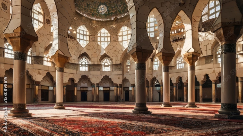 Obraz premium A grand mosque interior featuring ornate Islamic architecture and prayer rugs.