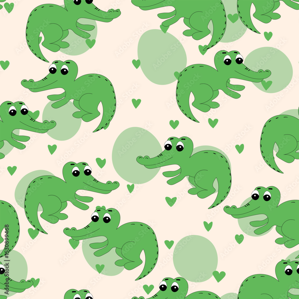 Naklejka premium Animal seamless pattern with cartoon crocodiles on color background. Cute holiday illustration with crocodile for baby. Design for invitation, poster, card, fabric, textile, wrapper.