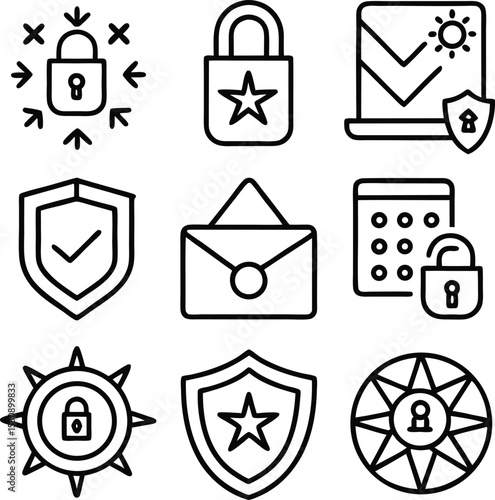 Collection of nine secure data protection icons featuring padlocks shields and security symbols