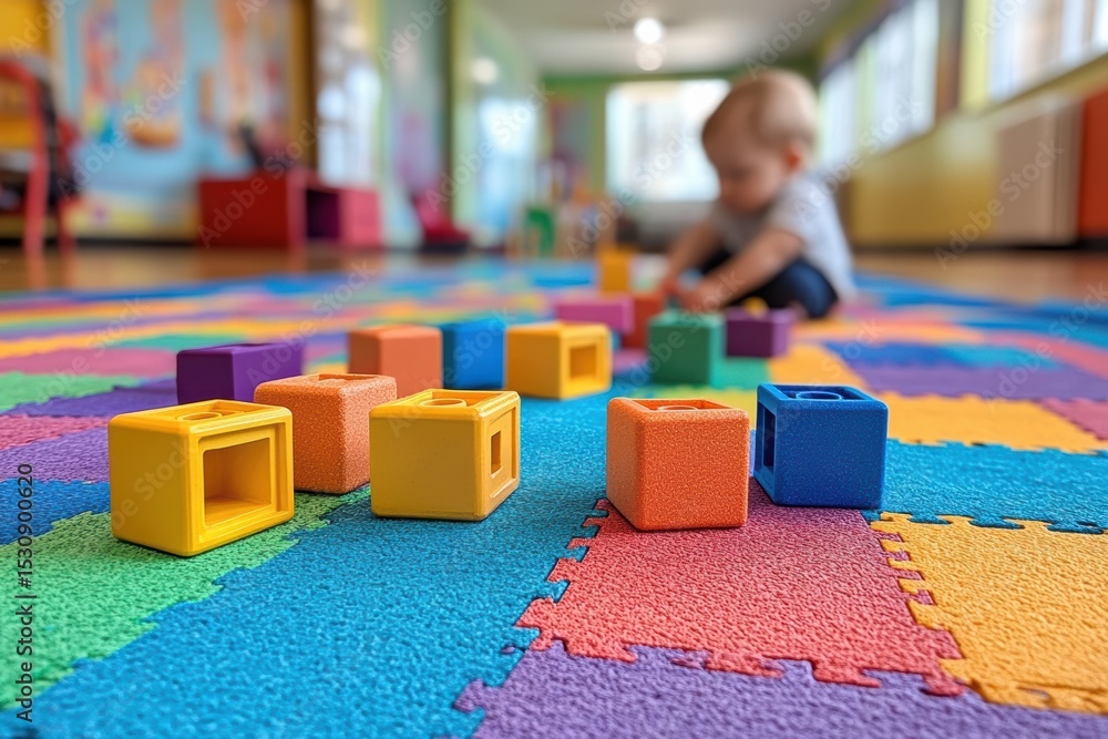 Fototapeta premium Toddlers engaged in creative play with colorful building blocks on a bright play mat