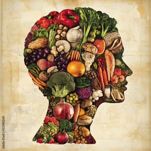 Fototapeta Naklejka Na Ścianę i Meble -  Profile of a person's head filled with various fruits and vegetables