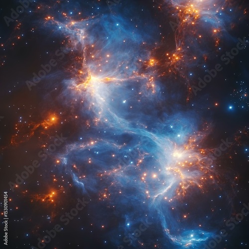 Glowing blue and orange cosmic nebula in dark space