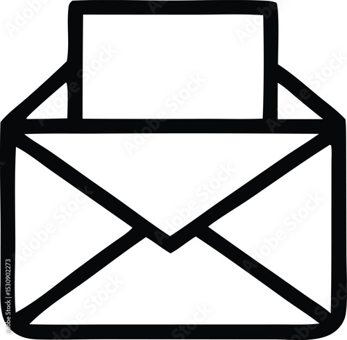 Bold black outline illustration of an open envelope with a blank paper insert