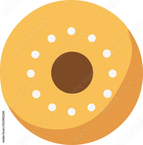 A simple illustration of a round yellow bagel with brown center and white dots