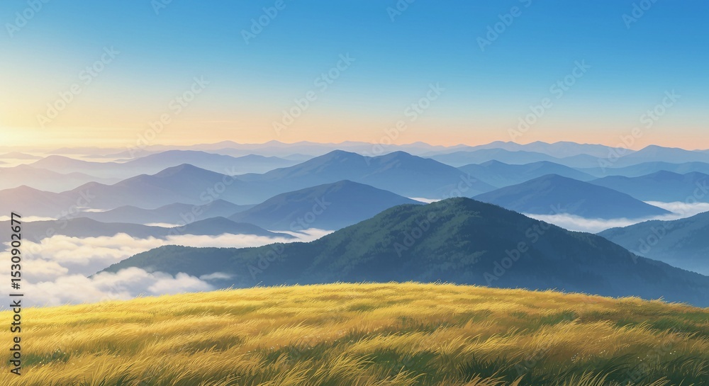 Vast Mountain Range with Golden Grass and Mist - Anime Aesthetic Vast Mountain Range with Golden Grass and Mist - Anime Aesthetic
