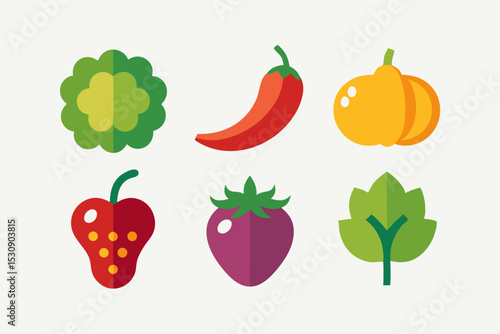 vegetable icon set chili pepper grapes broccoli