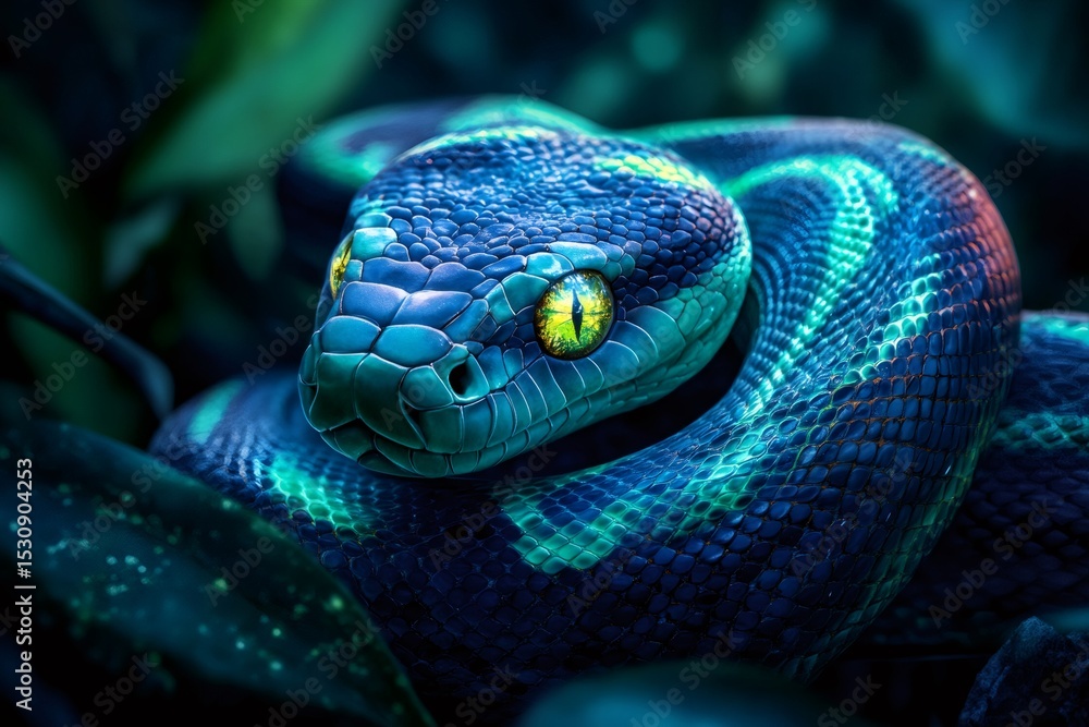 Fototapeta premium Green tree python resting on a branch in the jungle
