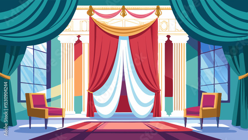 Royal Palace Interior with Curtains and Columns – Cartoon Vector Illustration