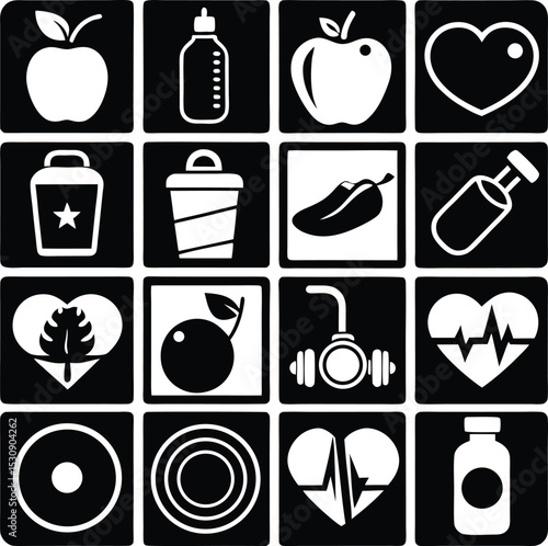 A grid of black and white fitness and health icons