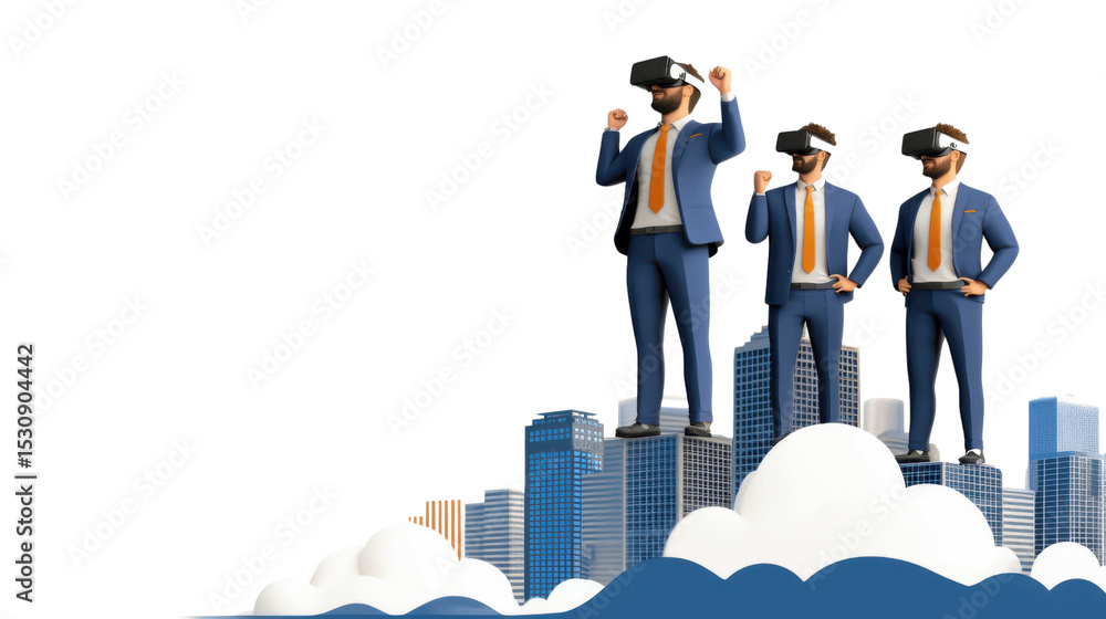 Obraz premium A group of businesspeople wearing virtual reality headsets standing on top of skyscrapers in a modern digitally connected urban landscape