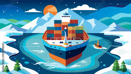 Cargo Ship in Arctic Waters – Colorful Vector Illustration of Ice Shipping Route