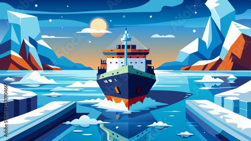 Cargo Ship in Arctic Waters – Colorful Vector Illustration of Ice Shipping Route