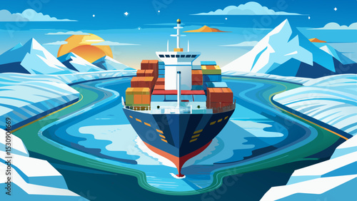 Cargo Ship in Arctic Waters – Colorful Vector Illustration of Ice Shipping Route