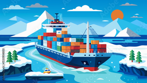 Cargo Ship in Arctic Waters – Colorful Vector Illustration of Ice Shipping Route