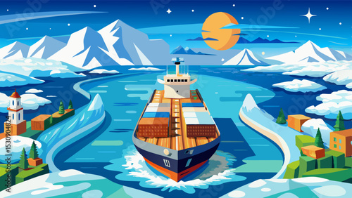 Cargo Ship in Arctic Waters – Colorful Vector Illustration of Ice Shipping Route