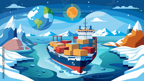 Cargo Ship in Arctic Waters – Colorful Vector Illustration of Ice Shipping Route