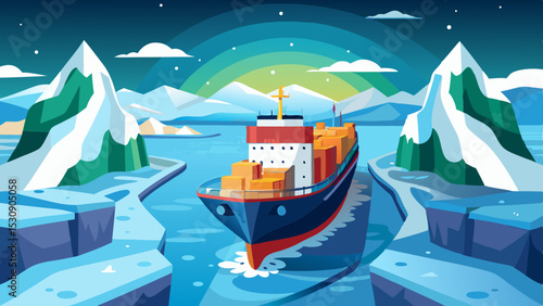 Cargo Ship in Arctic Waters – Colorful Vector Illustration of Ice Shipping Route