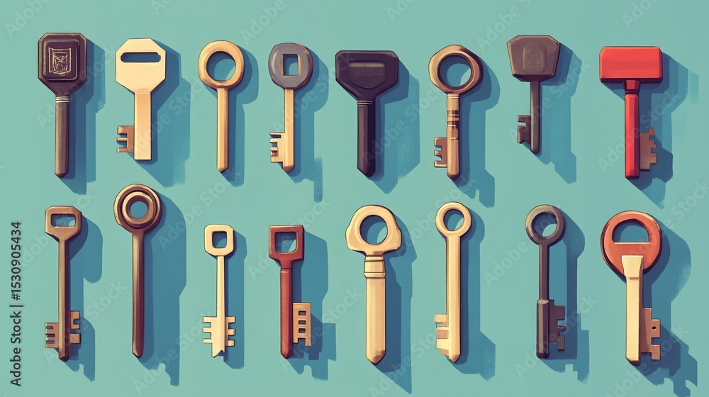 Obraz premium Collection of Antique Keys on Blue Background, Security and Unlock Concepts