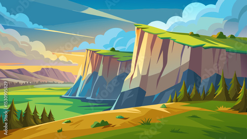 Scenic Cartoon Landscape of Rocky Cliffs and Green Fields – Nature Illustration