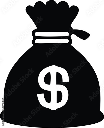 A simple black and white illustration of a money bag with a dollar sign