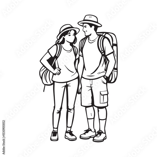 Young couple in casual hiking attire standing side by side, looking at each other with backpacks, ready for an outdoor adventure. Couple of hikers enjoying the outdoors.