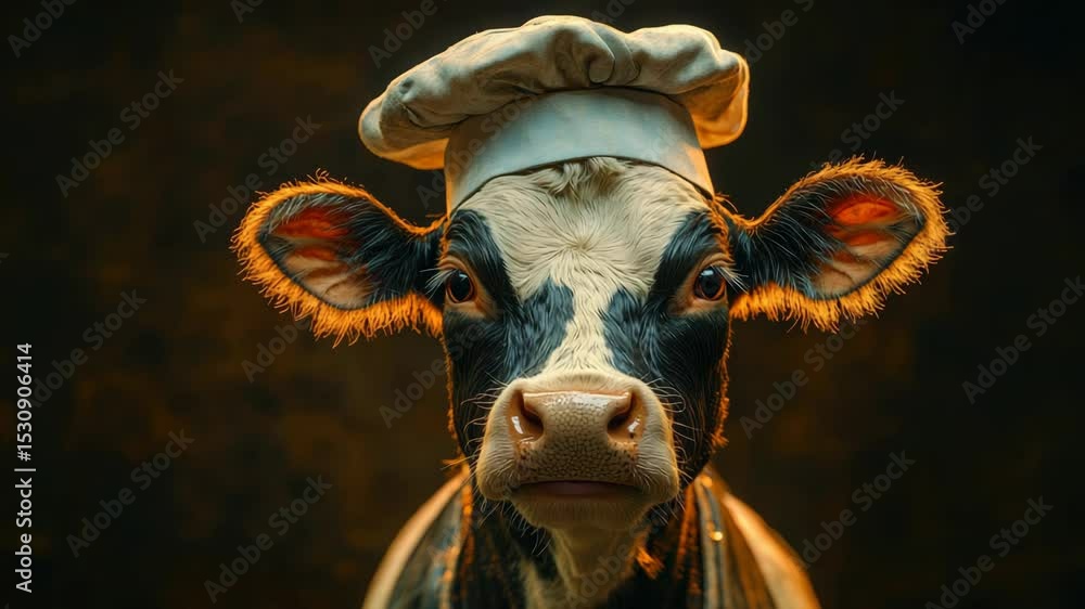 Cow wearing a chef's hat with tongue out in warm lighting, anthropomorphic art Cow wearing a chef's hat with tongue out in warm lighting, anthropomorphic art